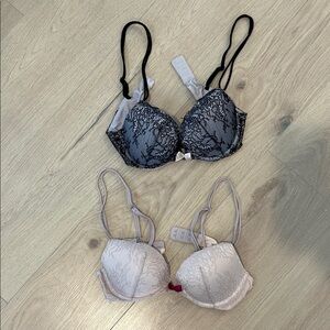 2 lace push up bras - size 34B, Black & Blush